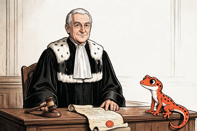 Juge en robe noire à épitoge d'hermine derrière son pupitre, marteau d'audience et parchemin au sceau orange, gecko assis au bord du bureau