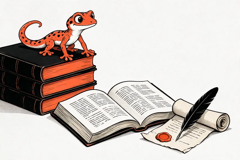 Pile de codes de loi noirs aux tranches orange, livre de code ouvert, parchemin au sceau de cire orange et plume d'oie, gecko perché sur la pile