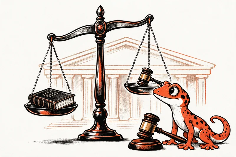 Balance de la justice, marteau d'audience et fronton de tribunal illustrés à l'encre noire et orange, avec un gecko observant la balance