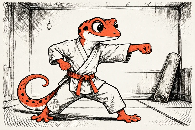 Le Gecko en kimono blanc et ceinture orange frappe un coup de poing direct sur un tatami de dojo, avec un rouleau de tatami posé contre le mur et une lanterne en papier suspendue, dessinés à l'encre noire et orange.