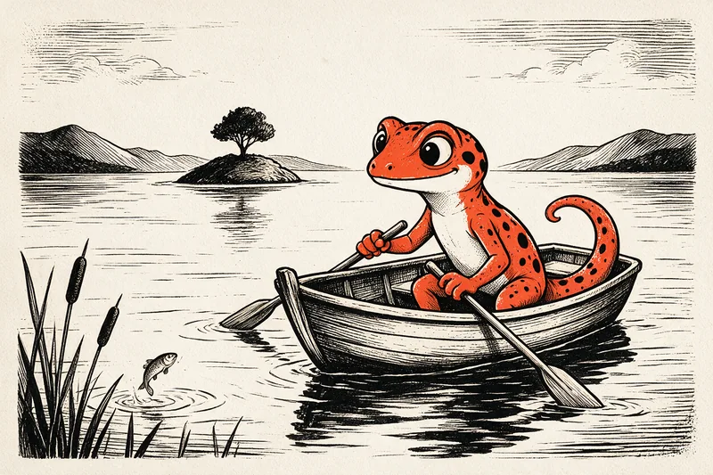 Le gecko Refbax rame sur une barque en bois au milieu d'un lac calme : île avec un arbre, montagnes hachurées, roseaux au premier plan et un poisson qui saute, gravure noire et orange.