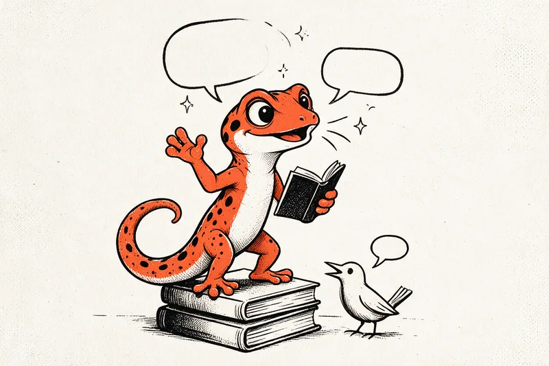 Sur une pile de livres, le gecko tient un livre ouvert et lève une patte en pleine parole : autour de lui, des bulles de dialogue vides et un petit oiseau au bec ouvert lui répond.