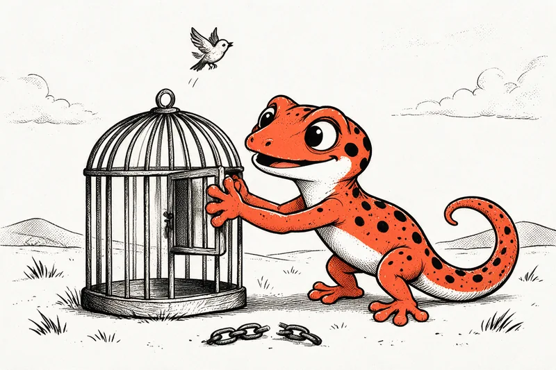 Illustration en encre noire et orange : un petit gecko ouvre la porte d'une cage dont l'oiseau s'envole vers le ciel, une chaîne brisée au sol.