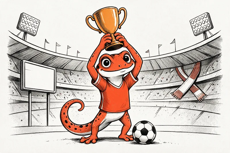 Le gecko champion soulève un trophée au centre d'un stade, un ballon de football à ses pieds, avec des fanions, des écharpes croisées et un panneau d'affichage vide, dessinés à l'encre noire et orange.