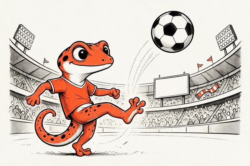 Le Gecko en maillot orange frappe un ballon dans un stade aux tribunes remplies et aux projecteurs allumés, dessiné à l’encre noire et orange.