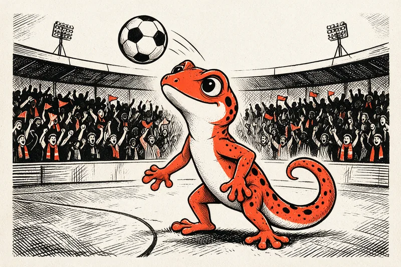Le Gecko frappe un ballon sur la pelouse d’un stade aux tribunes pleines, dessiné à l’encre noire et orange.