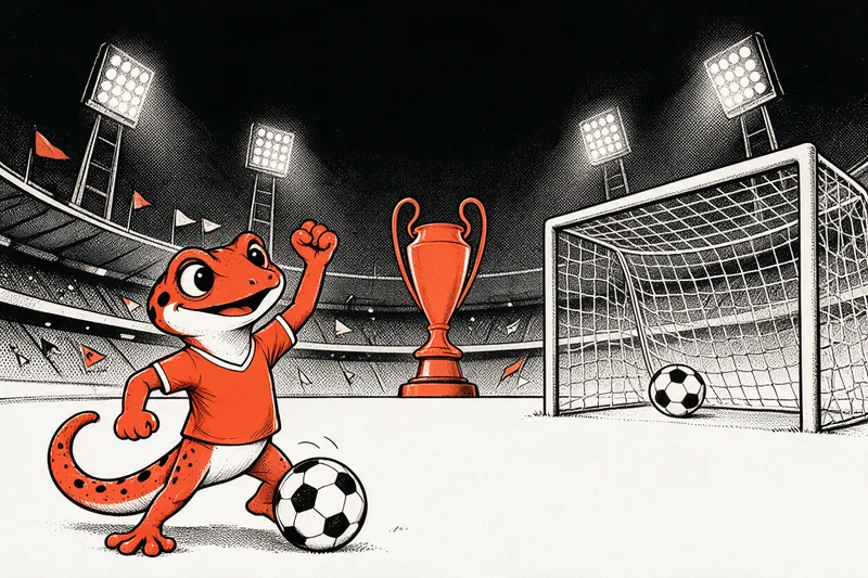 Le Gecko célèbre dans un stade nocturne éclairé par des projecteurs, un trophée orange sur un piédestal et un but avec un ballon dans le filet, dessinés à l’encre noire et orange.