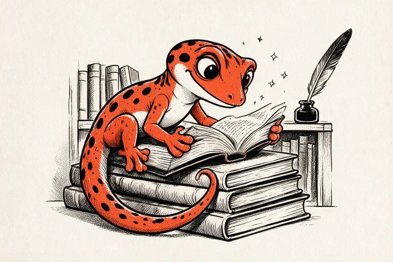 Le Gecko orange à la queue enroulée lit avec délice un grand livre ouvert, assis sur une pile de livres, dans un coin de bibliothèque où attend un encrier garni d'une plume d'oie ; étoiles tramées à l'encre noire et orange sur fond ivoire.
