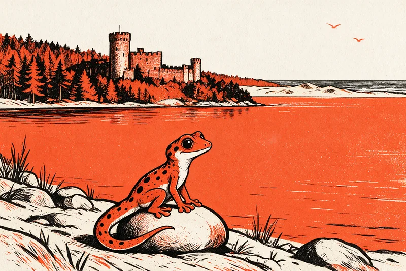Le Gecko assis sur un rocher au bord d’un lac regarde un château de briques aux tours rondes posé sur un promontoire boisé de conifères, avec une bande de mer et des dunes à l’horizon, dessinés à l’encre orange et noire.