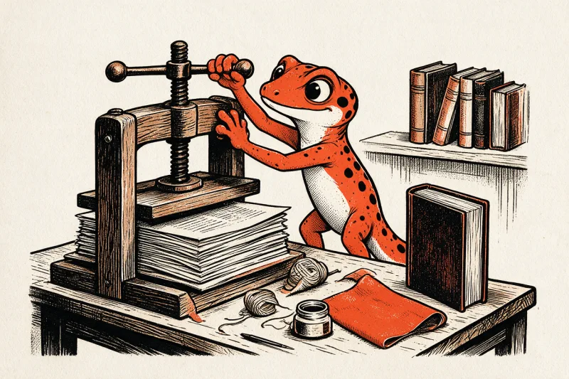 Illustration linogravure orange et noir : un gecko serre une presse de reliure sur une pile de cahiers, avec du fil, une alène, un pot de colle, une toile orange et un livre relié posé debout.