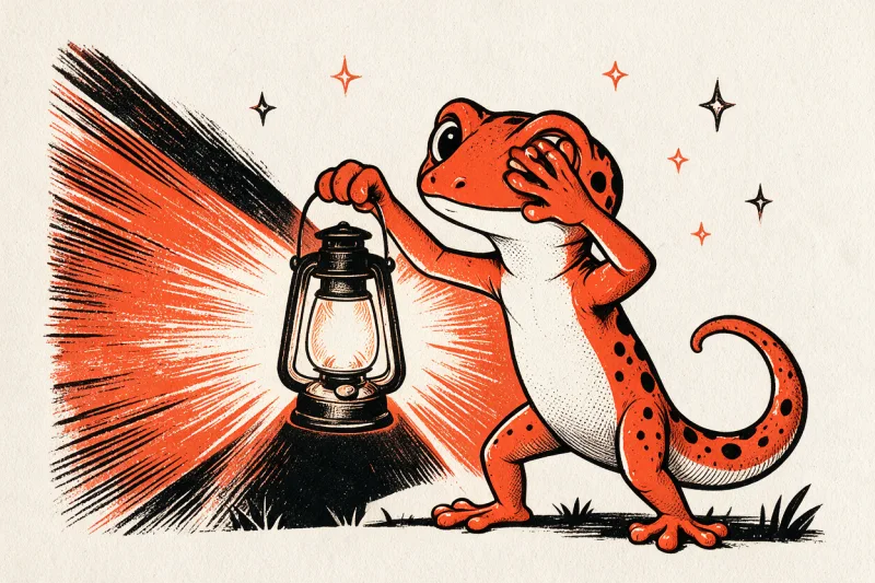 Le Gecko orange dressé sur ses pattes arrière soulève une lanterne-tempête allumée d'où s'échappe un éventail de rayons orange et de hachures noires, sous des étoiles tramées, à l'encre noire et orange sur fond ivoire.