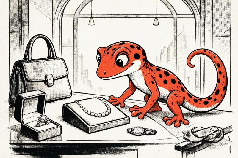 Le Gecko examine un collier de perles sur un présentoir de velours, près d’un écrin à bague, d’une montre et d’un sac, dans une bijouterie dessinée à l’encre noire et orange.