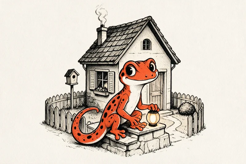 Le Gecko est assis sur le perron de pierre d’une petite maison au toit de bardeaux, une lanterne à la patte ; cheminée fumante, volets, jardinière, clôture de piquets et nichoir, dessinés à l’encre noire et orange.