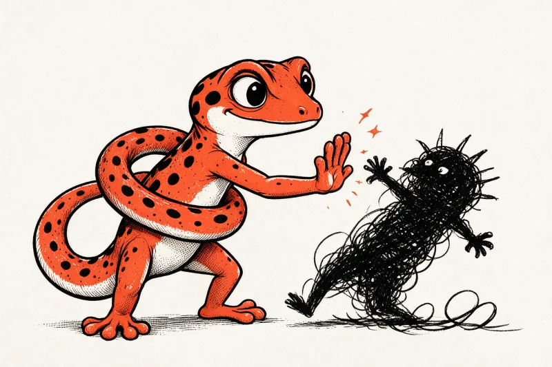 Le Gecko orange, la queue enroulée autour du corps, lève la patte devant une silhouette d'épines griffonnée en noir qui recule, à l'encre noire et orange sur fond ivoire.