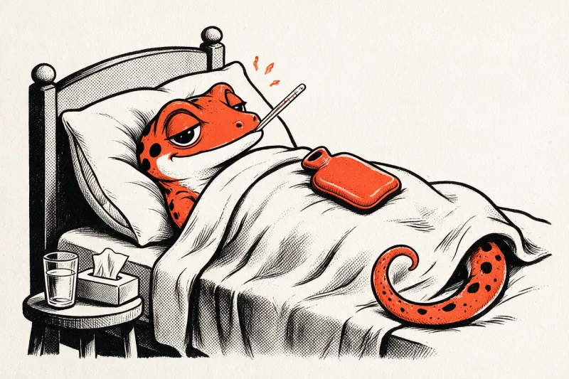 Le Gecko malade, les yeux mi-clos, tient le thermomètre en bouche, allongé sous une couverture avec une bouillotte orange ; verre d’eau et mouchoirs sur le tabouret de chevet, dessinés à l’encre noire et orange.