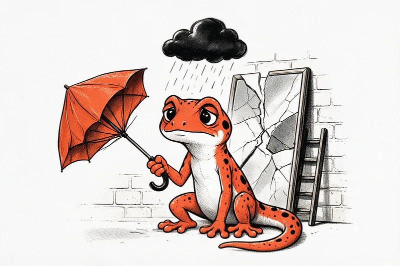 Le gecko accablé sous un nuage d’orage qui ne l’arrose que lui, parapluie orange retourné à la main, devant un miroir brisé et une échelle appuyés au mur, dessin à l’encre noire et orange.