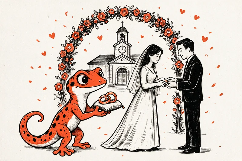 Le Gecko présente le coussin des alliances pendant l’échange des anneaux d’un couple de mariés sous une arche fleurie, devant un bâtiment à l’horloge, dessinés à l’encre noire et orange.