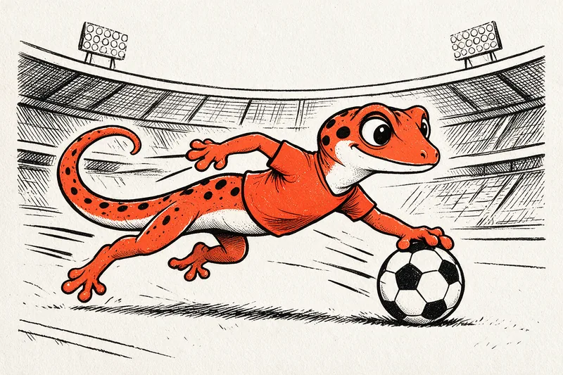 Le Gecko sprinte en maillot orange, le ballon de football au pied et des traits de vitesse derrière lui, sur la pelouse d'un stade dessiné à l'encre noire et orange.