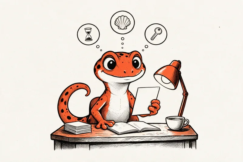 Illustration linogravure orange et noir : un gecko révise des fiches sous la lampe de son bureau, avec au-dessus de lui trois bulles de pensée contenant un sablier, une madeleine et une clé.