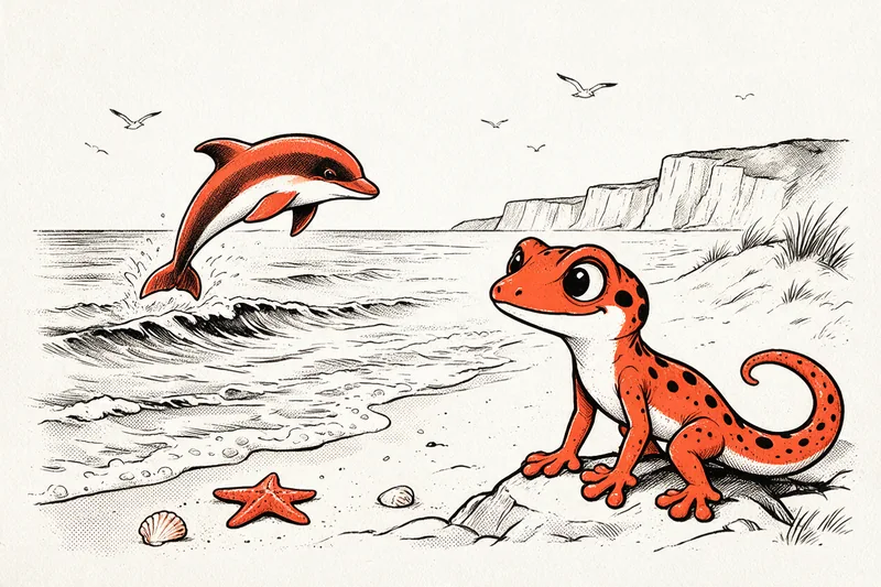 Le Gecko sur un rocher au bord de la plage, près d'une étoile de mer et de coquillages, un dauphin qui saute au-dessus de la houle, une falaise crayeuse et des mouettes à l'arrière-plan, dessinés à l'encre noire et orange.