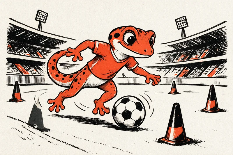Le Gecko dribble un ballon de football entre des cônes d'entraînement noir et orange, sur la pelouse d'un stade dessiné à l'encre noire et orange.