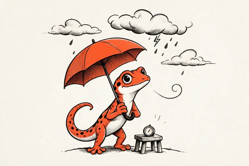 Illustration linogravure orange et noir : un gecko tient un parapluie orange sous des nuages qui pleuvent, avec un éclair, un tourbillon de vent et un baromètre posé sur un tabouret.