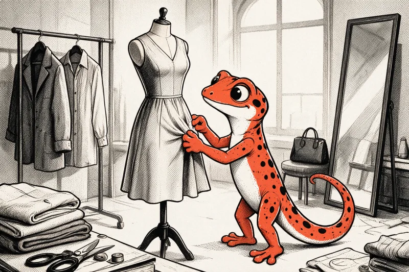 Le Gecko ajuste la jupe d’une robe posée sur un mannequin de couture, dans un atelier avec un portant de vêtements, des tissus pliés, des ciseaux, un sac à main et un grand miroir, dessiné à l’encre noire et orange.