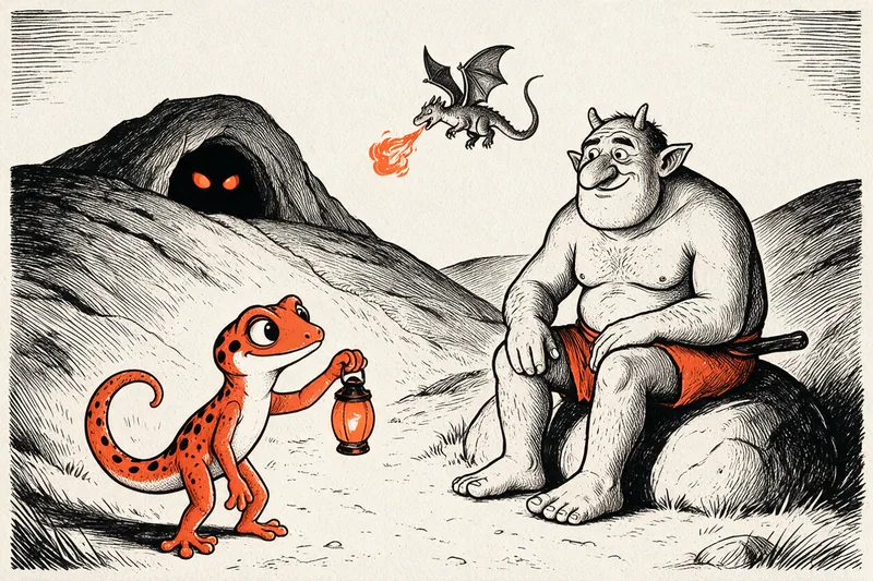 Le Gecko brandit sa lanterne face à un ogre assis et à un petit dragon cracheur de flammes, tandis que deux yeux orange guettent depuis une grotte, dessinés à l’encre noire et orange.