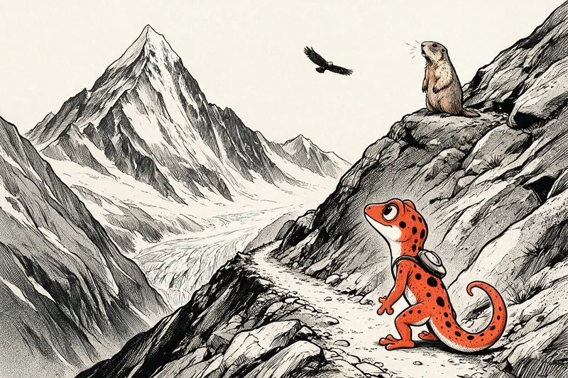Le Gecko avec un petit sac à dos sur un sentier de montagne, une marmotte debout sur un rocher, un aigle qui plane au-dessus d'un col, un sommet enneigé et un glacier dans la vallée, dessinés à l'encre noire et orange.