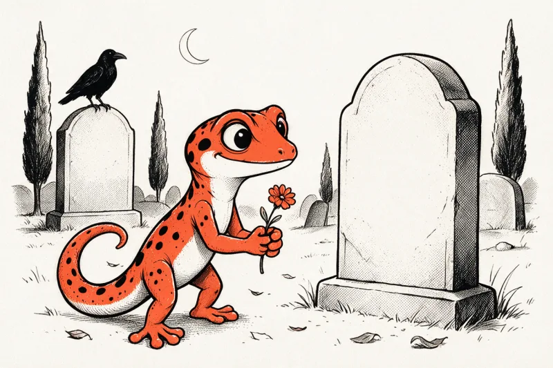 Le Gecko dépose une fleur orange devant une pierre tombale dans un cimetière paisible au croissant de lune, dessiné à l’encre noire et orange.
