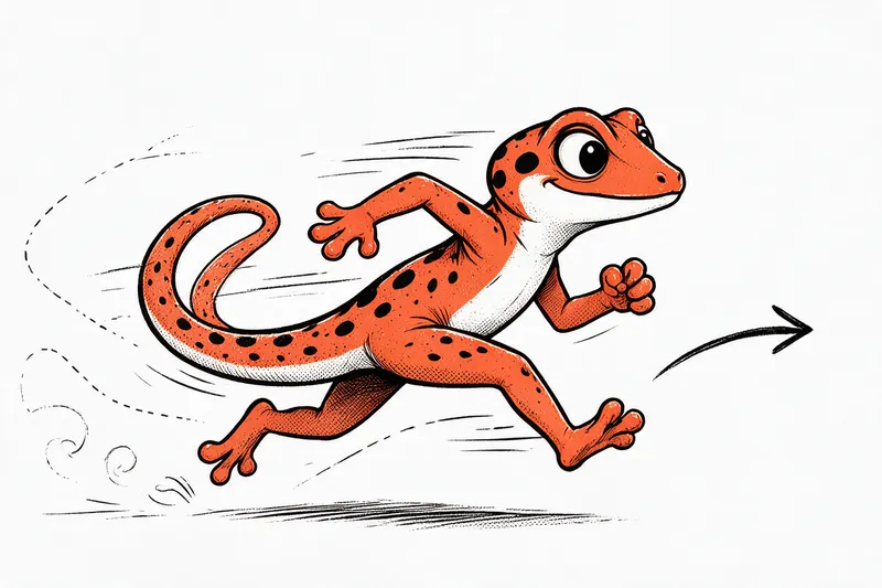 Le gecko mascotte dévale vers la droite, entouré de traits de vitesse, d’une trajectoire en pointillés et d’une flèche, dessinés à l’encre noire et orange.