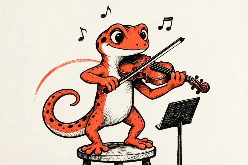 Le Gecko musicien joue du violon debout sur un tabouret, archet levé, notes d'encre et onde orange, pupitre de partition à ses côtés.