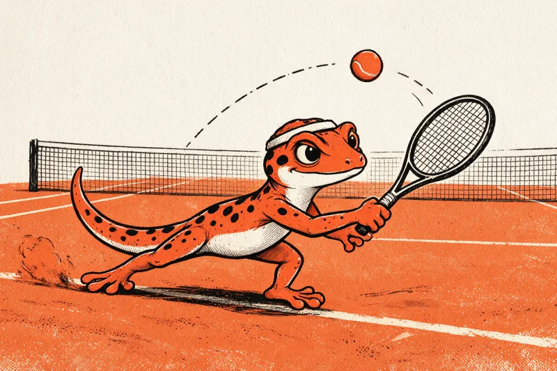 Un gecko orange tacheté de noir, bandeau ivoire sur la tête, glisse sur la terre battue d'un court de tennis en armant son coup droit, la balle orange montante dans un arc pointillé, dessiné à l'encre noire et orange sur papier ivoire.