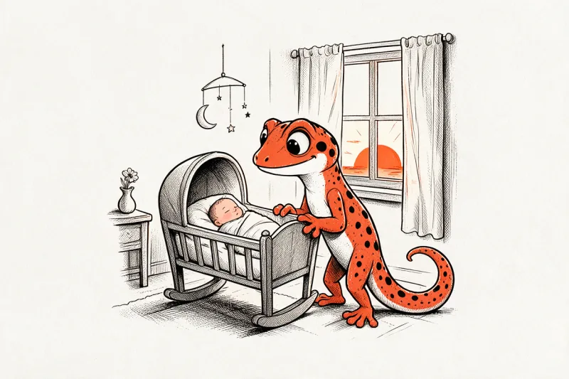 Le Gecko se penche sur un berceau où dort un nouveau-né emmailloté, près d’une fenêtre ouverte sur un soleil levant, dessinés à l’encre noire et orange.