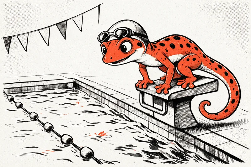 Le Gecko, bonnet et lunettes de bain, attend sur un plot de départ au bord d’un bassin bordé d’une ligne d’eau, dessiné à l’encre noire et orange.