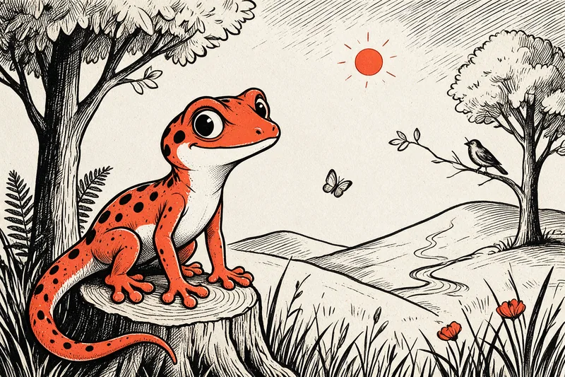 Le gecko mascotte pose sur une souche à l’orée d’une clairière : arbre, fougère, fleurs sauvages, colline et ruisseau, un oiseau sur sa branche et un papillon, dessinés à l’encre noire et orange.