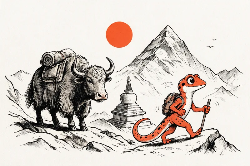 Le Gecko randonneur avec un sac à dos et un bâton de marche gravit un sentier de montagne près d'un yak chargé de balles, avec un stupa à degrés et un sommet enneigé pyramidal en arrière-plan, soleil orange et oiseaux, dessiné à l'encre noire et orange.
