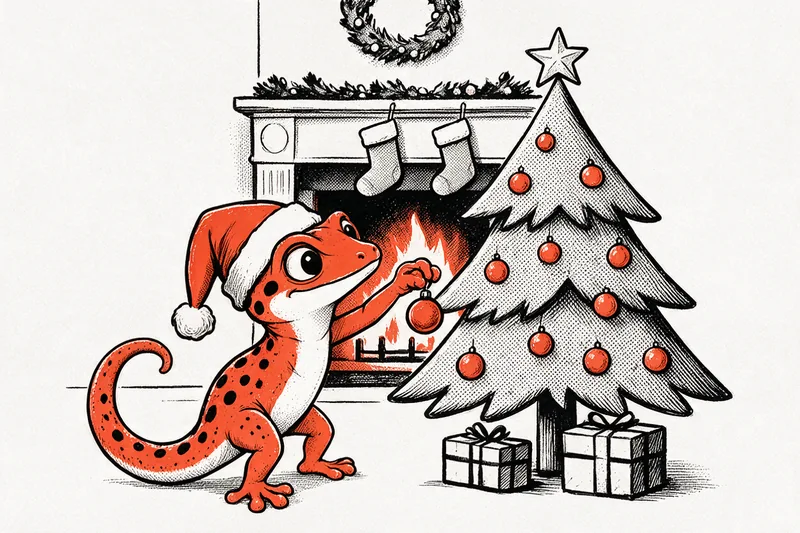 Le Gecko coiffé d’un bonnet de Noël décore un sapin de boules oranges devant une cheminée guirlandée et des chaussettes, deux cadeaux au pied.