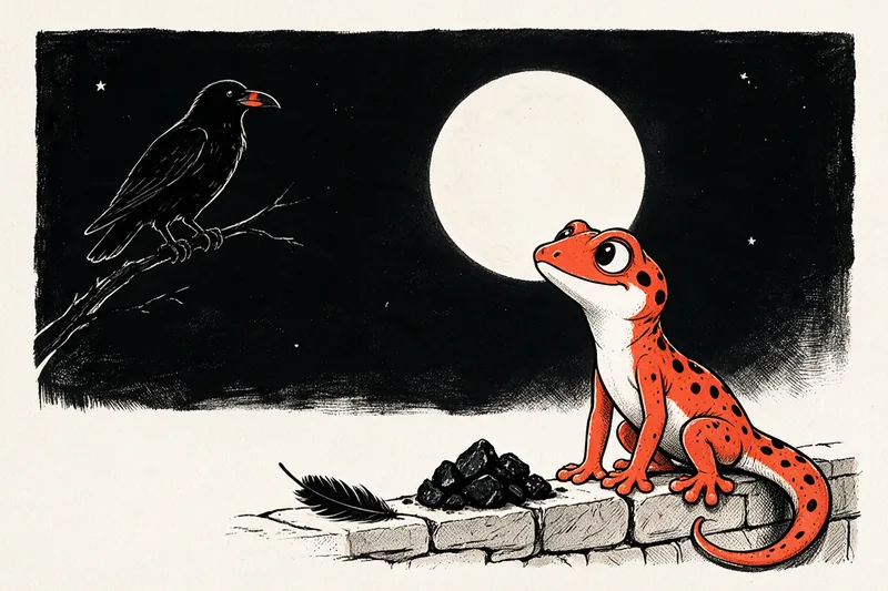 Le Gecko assis sur un muret lève les yeux vers une pleine lune ivoire, un corbeau noir sur une branche, un tas de charbon et une plume au premier plan, dessinés à l’encre noire et orange.