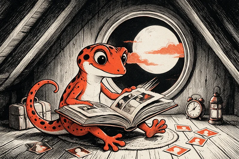 Le Gecko feuillette un album de photos dans un grenier, près d’une valise, d’un réveil et d’une lanterne, sous un hublot montrant la lune, dessin à l’encre noire et orange.