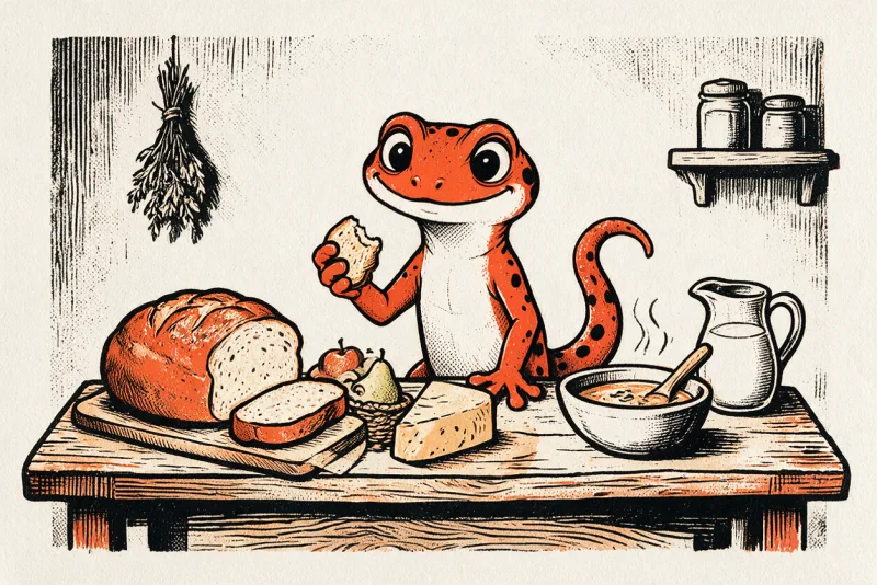 Le Gecko derrière une table rustique chargée de nourriture : pain entaillé, fromage, panier de fruits, soupe fumante et cruche de lait, dessinés à l’encre noire et orange.