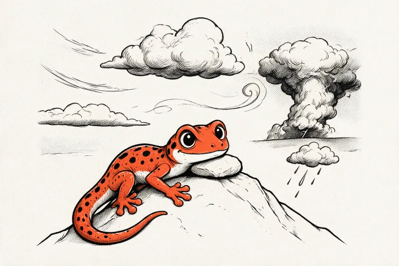 Le Gecko, adossé à un rocher, observe un ciel de nuages dessinés à l’encre : cumulus gonflé, cirrus effilés, bande de stratus, cumulonimbus à l’éclair et petite pluie.