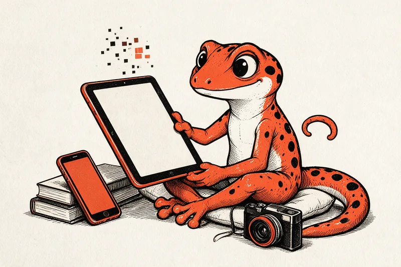 Le Gecko tient une tablette tactile entourée d’un smartphone posé sur des livres et d’un appareil photo, avec des pixels flottants, dessinés à l’encre noire et orange.