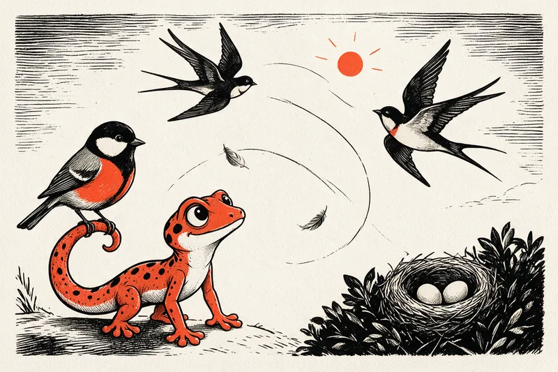 Le Gecko debout dans un jardin regarde une mésange perchée sur sa queue, deux hirondelles en vol et un nid avec deux œufs dans un buisson, dessin à l’encre noire et orange sur papier ivoire.