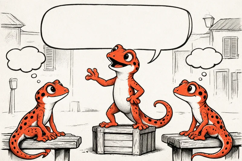 Le gecko debout sur une caisse exprime son opinion, une bulle de dialogue vide au-dessus de lui, pendant que deux autres geckos l’écoutent depuis des bancs de village, dessinés à l’encre noire et orange.