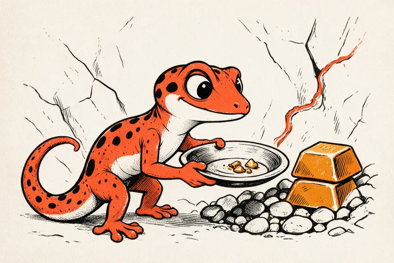 Le Gecko chercheur d’or penche sa batée au-dessus de galets, à côté de deux lingots empilés ; un filon orange traverse la roche derrière lui.