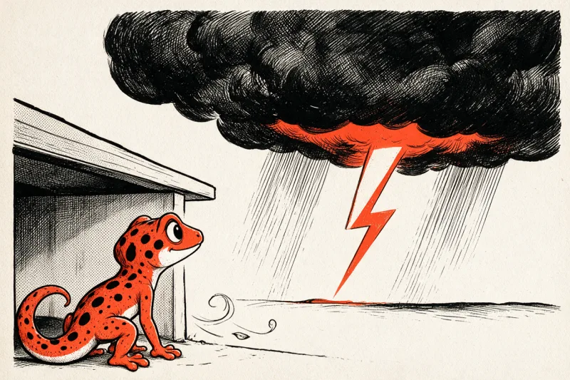 Le Gecko, à l'abri sous un auvent, regarde un cumulonimbus noir à la face inférieure orange, un éclair orange frappant l'horizon et des hachures de pluie tombant du nuage.