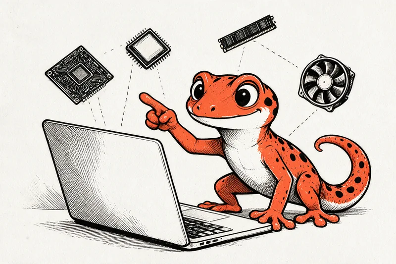 Un gecko orange montre du doigt les organes internes flottant au-dessus d'un ordinateur portable ouvert : carte mère, puce, mémoire vive et ventilateur