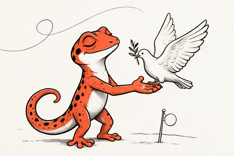 Le Gecko debout, les yeux clos, accueille sur sa paume une colombe blanche portant un rameau d'olivier, à côté d'un petit drapeau blanc planté au sol, dessinés à l'encre noire et orange.