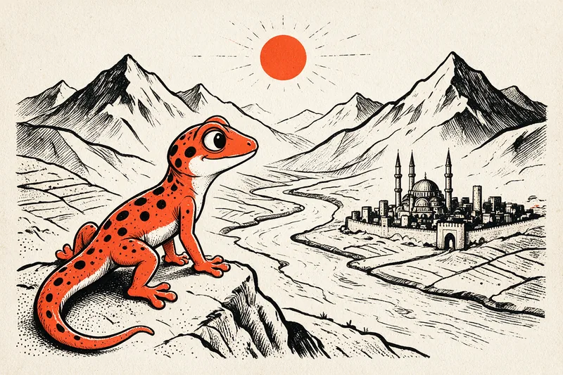 Le Gecko, au premier plan sur un promontoire rocheux, contemple une vallée fluviale : le fleuve descend de sommets enneigés vers une ville dominée par une mosquée à dôme et minarets, sous un soleil orange.